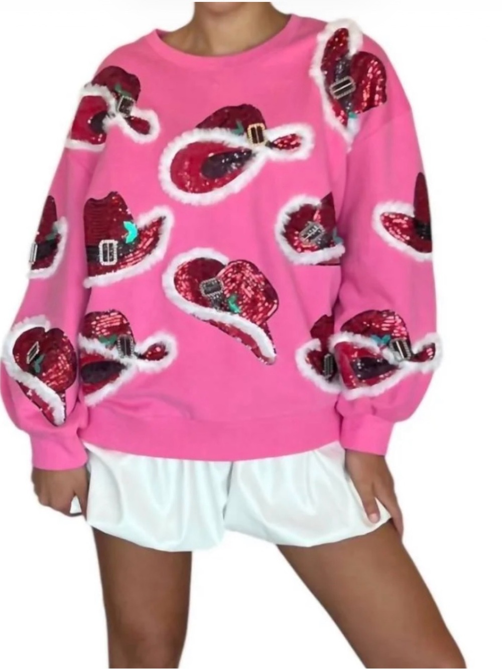 QUEEN OF SPARKLES Pink Sequin Heart & Hat Pullover